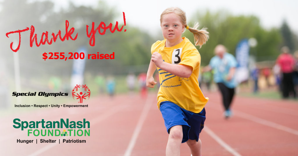 photo of Special Olympics athlete running with text reading Thank you! $255,200 raised