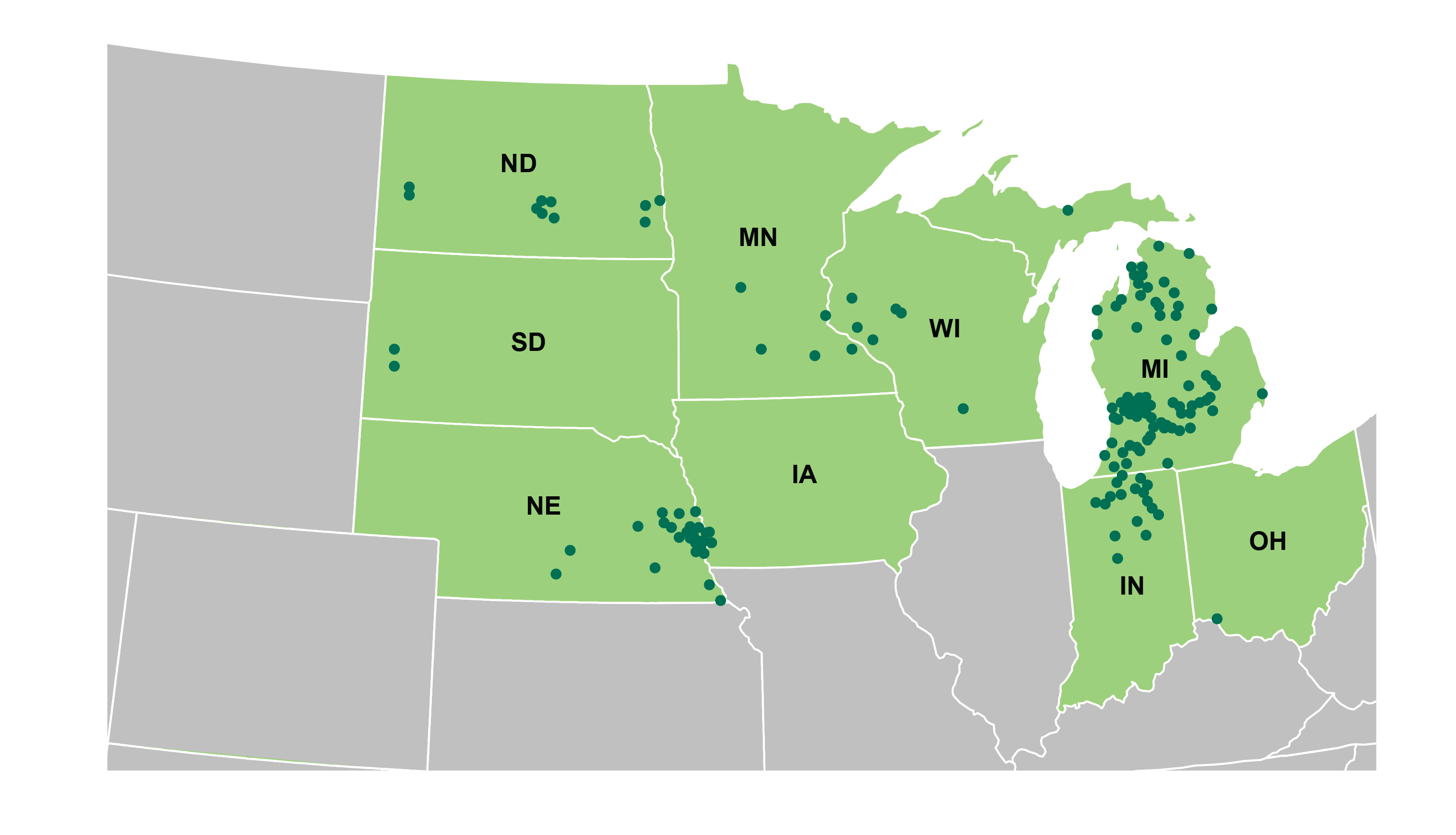 Map of SpartanNash locations across the Northern Midwest United States.