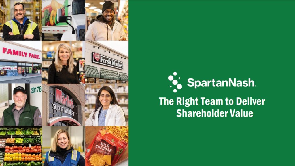 graphic with a 3 by 4 grid of photos next to a green area with white text reading "The Right Team to Deliver Shareholder Value" 

