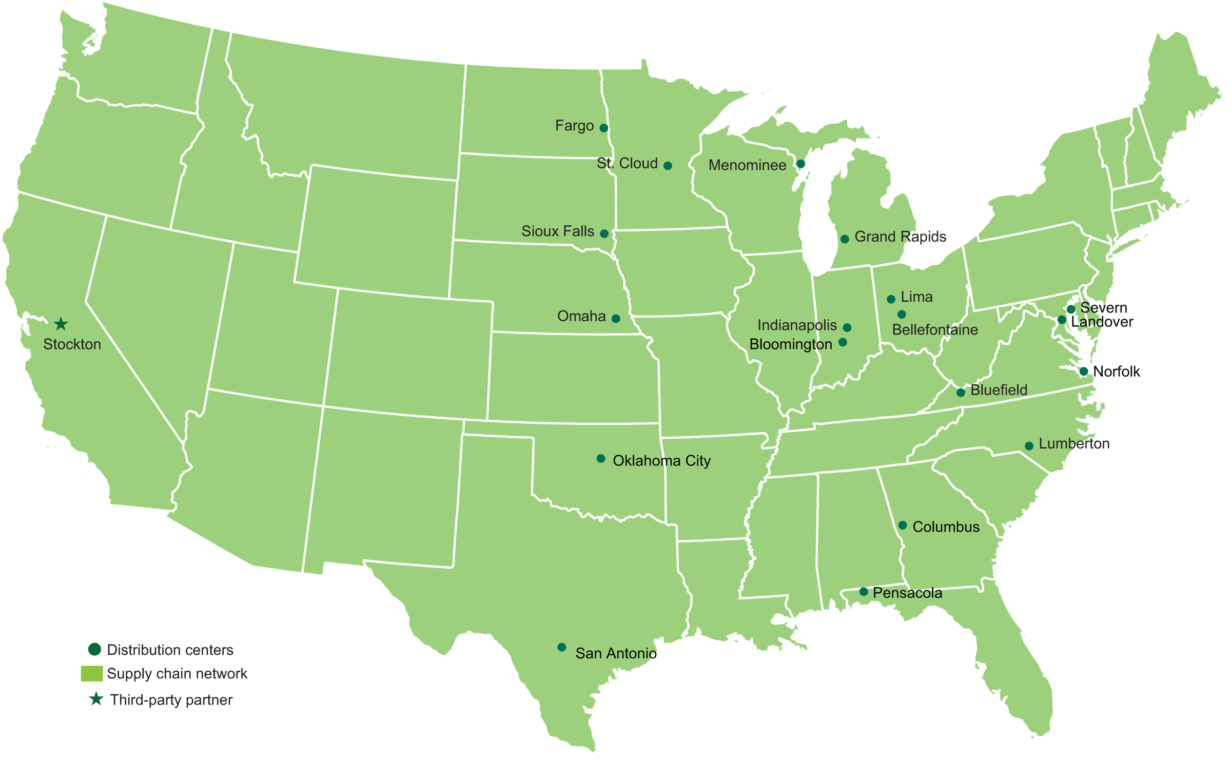 Map of SpartanNash distribution centers across the United States